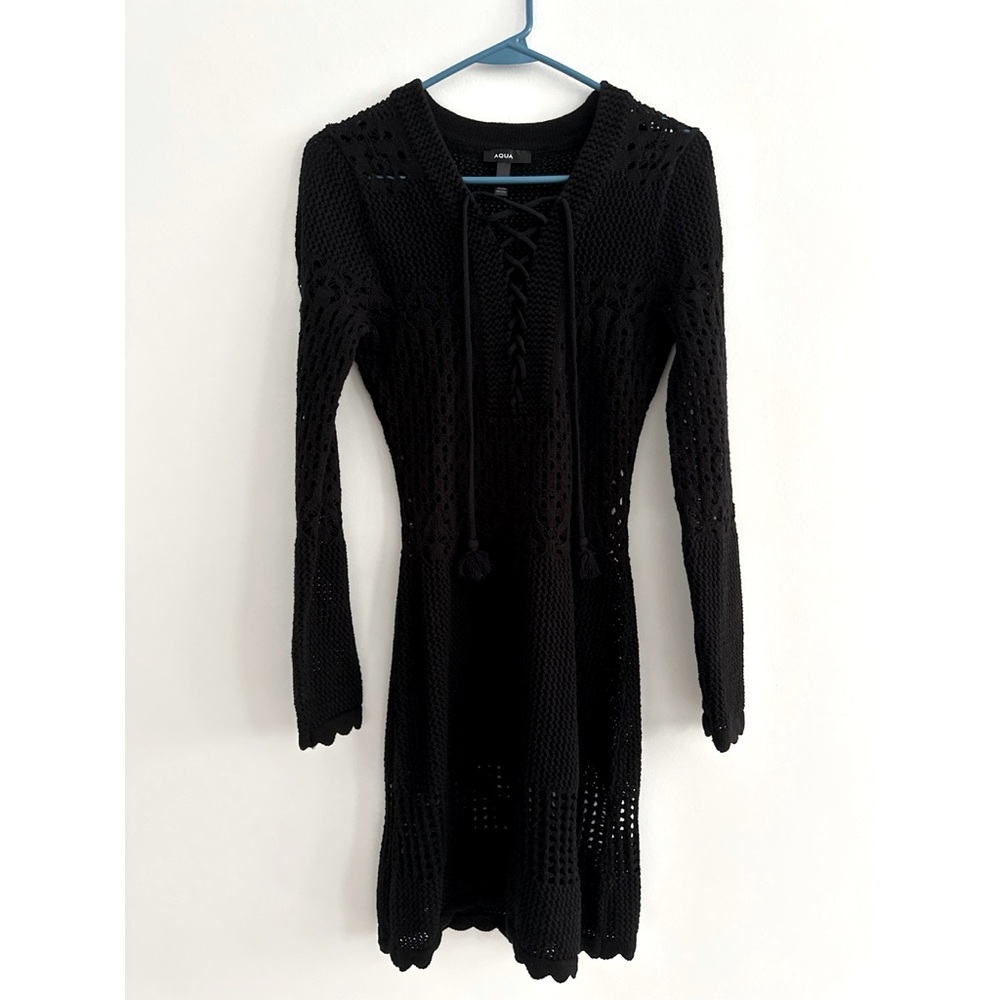 AQUA Crochet Lace Up Mini Dress Black | S - Picture 3 of 8